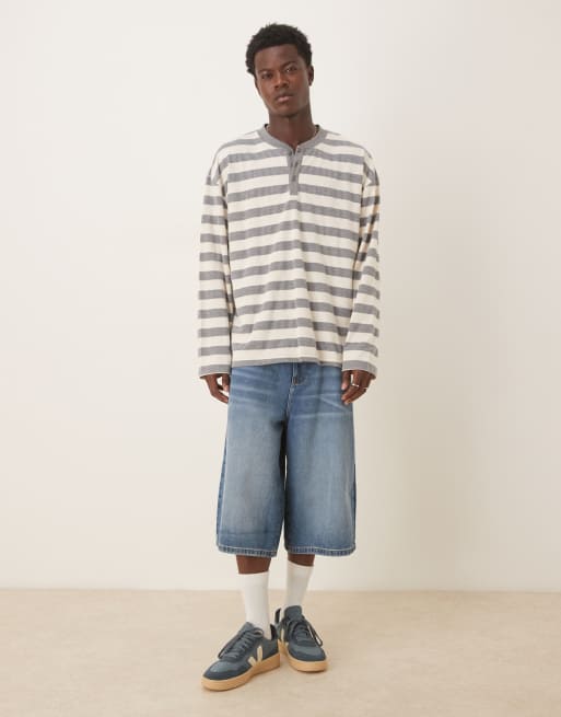 ASOS DESIGN heavyweight oversized long sleeve T-shirt with henley neck in gray stripe, 2 of 5