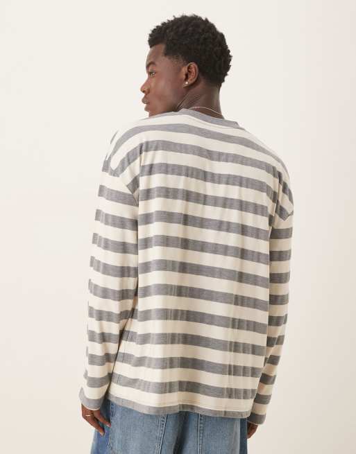 ASOS DESIGN heavyweight oversized long sleeve T-shirt with henley neck in gray stripe, 3 of 5