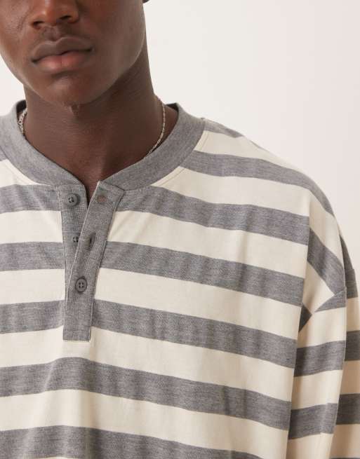 ASOS DESIGN heavyweight oversized long sleeve T-shirt with henley neck in gray stripe, 5 of 5