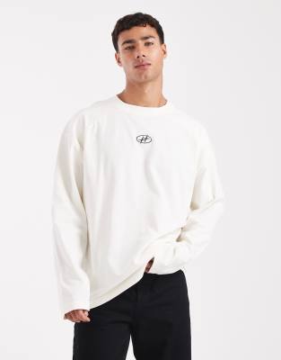 Asos Design Heavyweight Oversized Long Sleeve T-shirt With Printed Chest Badge And Cut And Sew Detail In Neutral