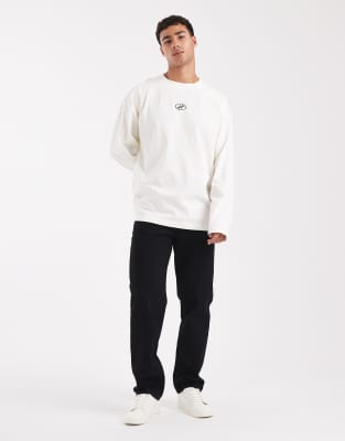 Asos Design Heavyweight Oversized Long Sleeve T-shirt With Printed Chest Badge And Cut And Sew Detail In Neutral