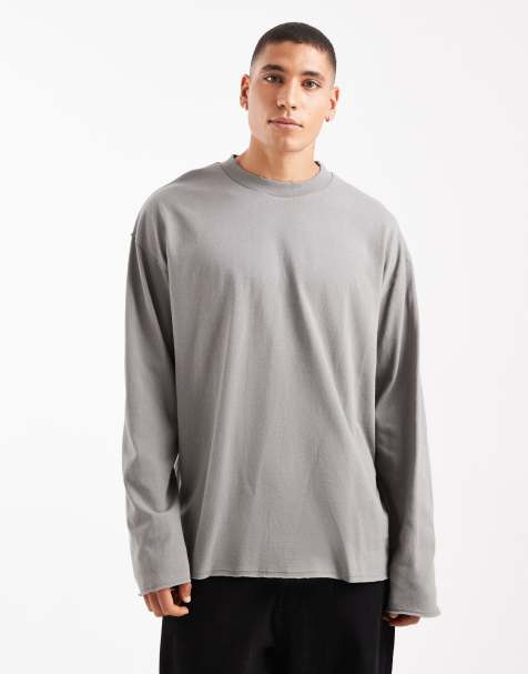 ASOS DESIGN heavyweight oversized long sleeve t-shirt with raw hem in charcoal - view 1