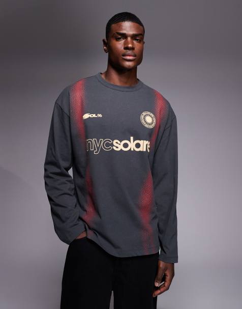 ASOS DESIGN heavyweight oversized long sleeve T-shirt with soccer graphic in washed gray - view 1