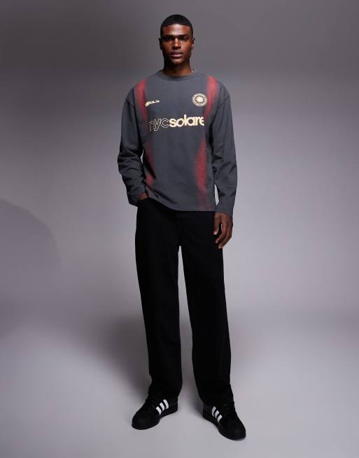 ASOS DESIGN heavyweight oversized long sleeve T-shirt with soccer graphic in washed gray, 2 of 5