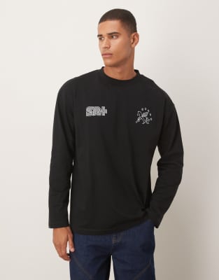 Asos Design Heavyweight Oversized Long Sleeve T-shirt With Street Graphics In Black