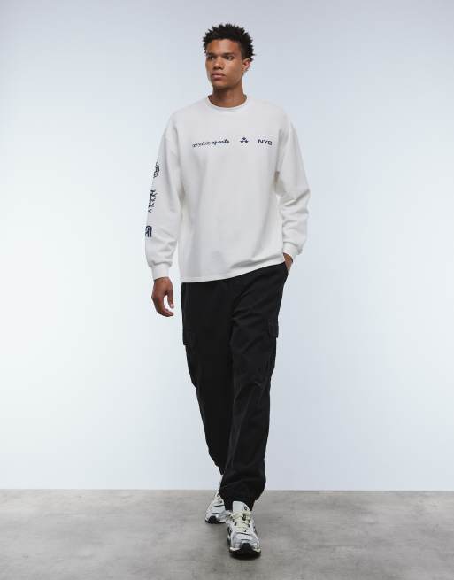 ASOS DESIGN heavyweight oversized long sleeve t-shirt with street graphics in off white waffle , 2 of 5