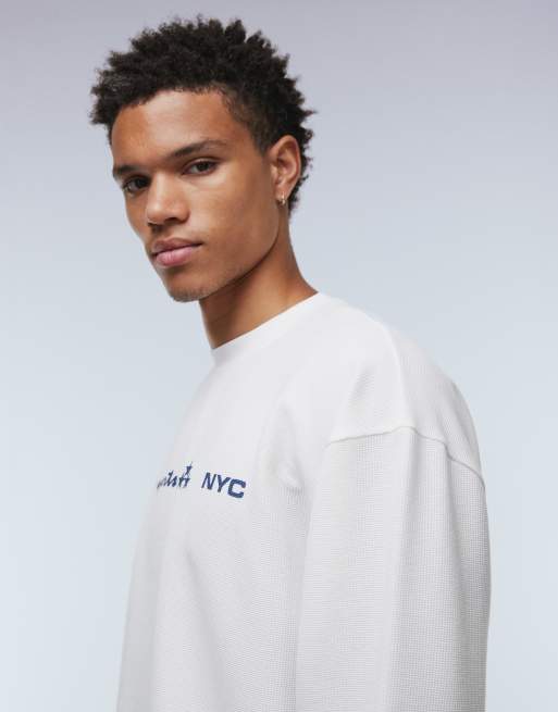 ASOS DESIGN heavyweight oversized long sleeve t-shirt with street graphics in off white waffle , 4 of 5