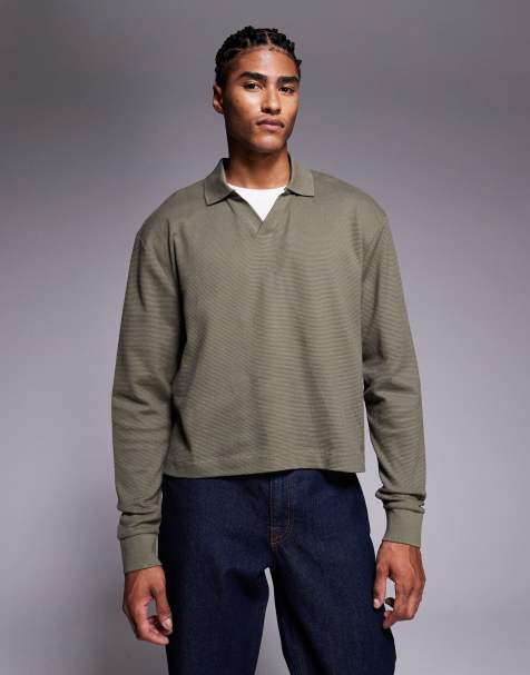 ASOS DESIGN heavyweight oversized notch polo in khaki texture - view 1