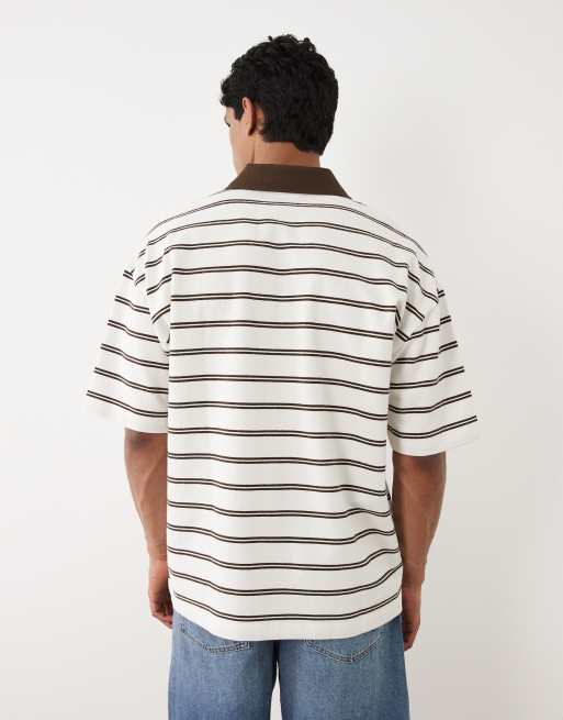 ASOS DESIGN heavyweight oversized polo in off white and brown stripes, 4 of 5