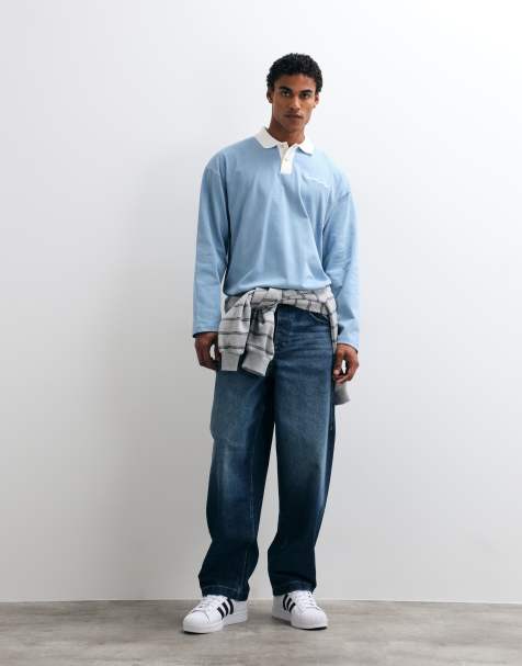 ASOS DESIGN heavyweight oversized polo met lange mouwen en borstprint in lichtblauw - view 1
