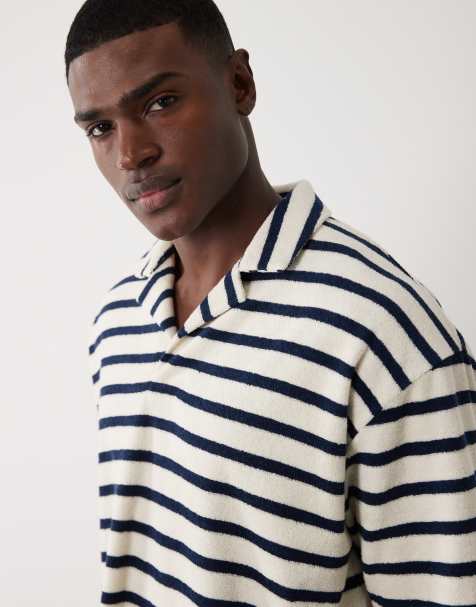 ASOS DESIGN heavyweight oversized polo shirt in navy striped towel fabric (Part of a set) - view 1