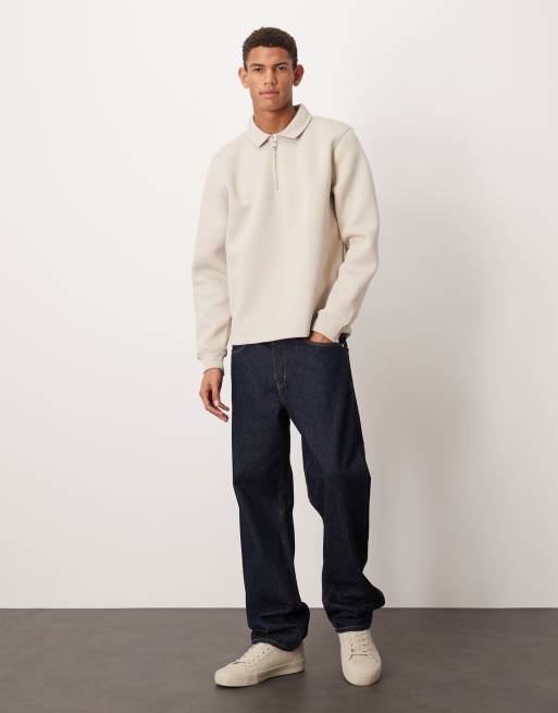 ASOS DESIGN heavyweight oversized polo sweatshirt with fixed hem in scuba-style fabric in beige, 2 of 5