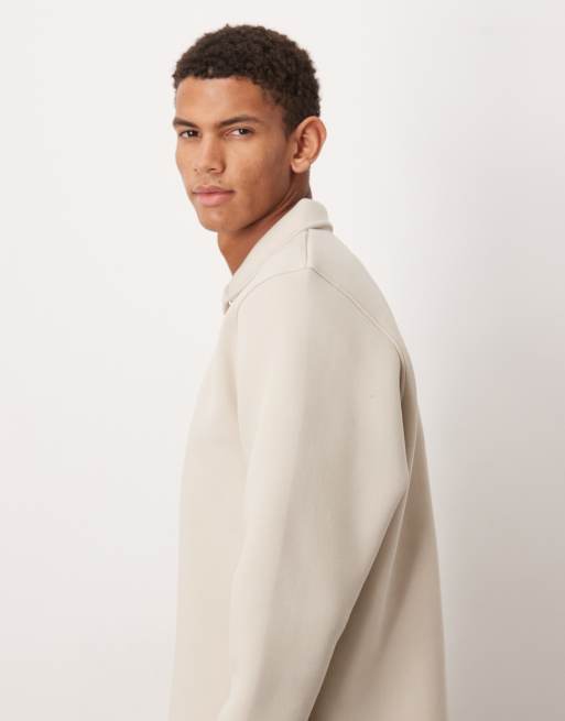 ASOS DESIGN heavyweight oversized polo sweatshirt with fixed hem in scuba-style fabric in beige, 4 of 5