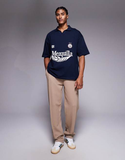 ASOS DESIGN heavyweight oversized polo with football graphic and panelling in navy - NAVY, 2 of 5