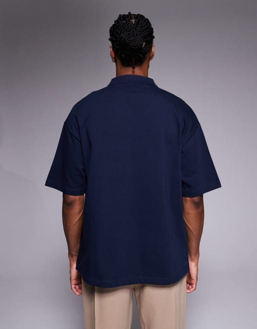 ASOS DESIGN heavyweight oversized polo with football graphic and panelling in navy - NAVY, 3 of 5