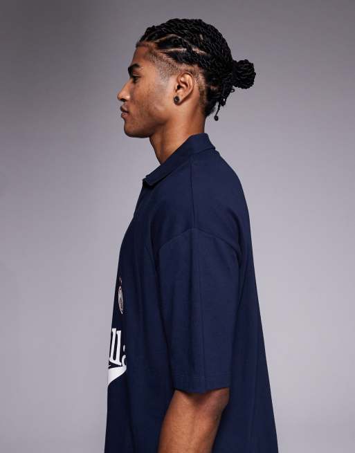 ASOS DESIGN heavyweight oversized polo with football graphic and panelling in navy - NAVY, 4 of 5