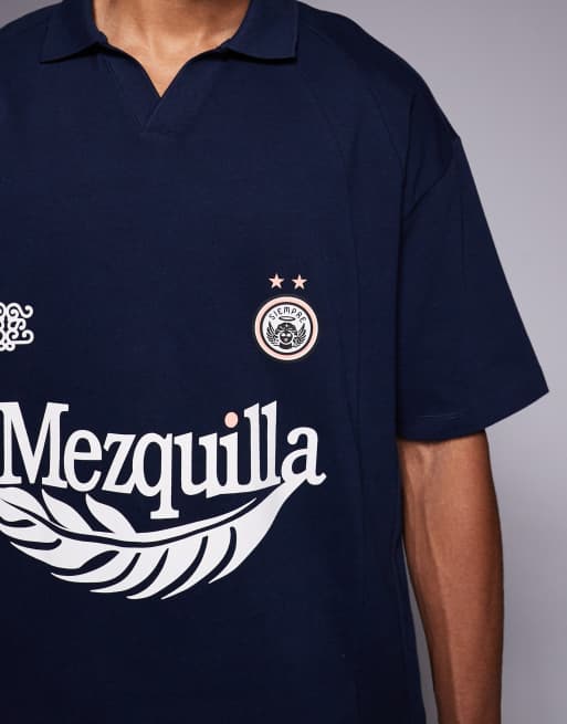ASOS DESIGN heavyweight oversized polo with football graphic and panelling in navy - NAVY, 5 of 5