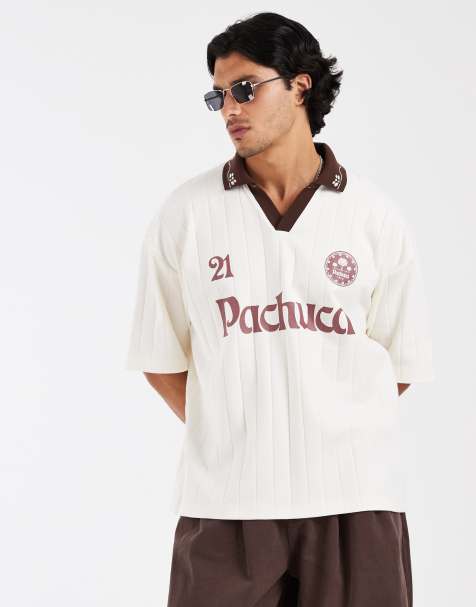 ASOS DESIGN heavyweight oversized polo with football graphic in neutral wide rib - view 1