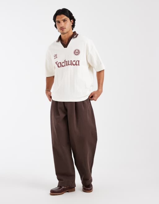 ASOS DESIGN heavyweight oversized polo with soccer graphic in neutral wide rib, 2 of 5