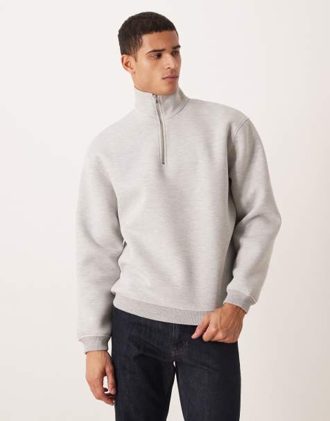 ASOS DESIGN heavyweight oversized quarter zip sweatshirt in scuba-style fabric in grey marl - LGREY - view 1