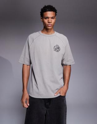 Asos Design Heavyweight Oversized Raglan T-shirt With Chest Graphic In Gray