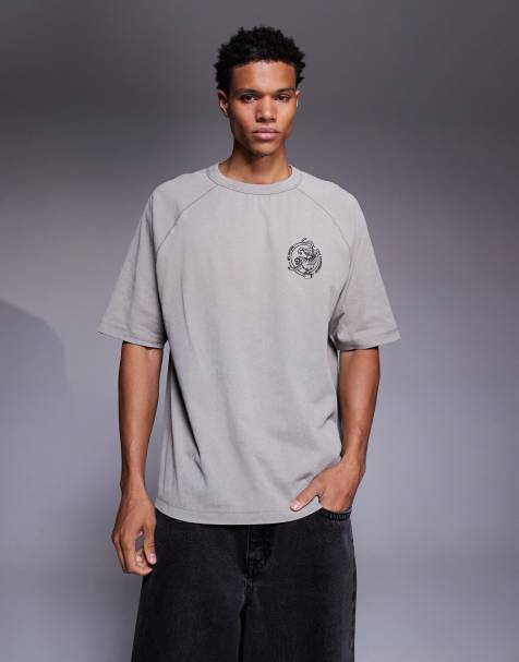ASOS DESIGN heavyweight oversized raglan T-shirt with chest graphic in washed khaki - view 1