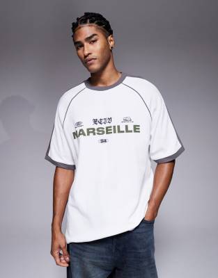 Asos Design Heavyweight Oversized Raglan T-shirt With City Text Graphic And Piping Detail In White