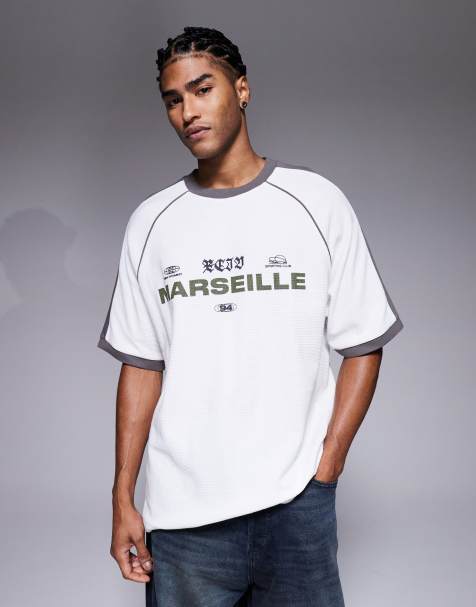 ASOS DESIGN heavyweight oversized raglan T-shirt with city text graphic and piping detail in white waffle - view 1