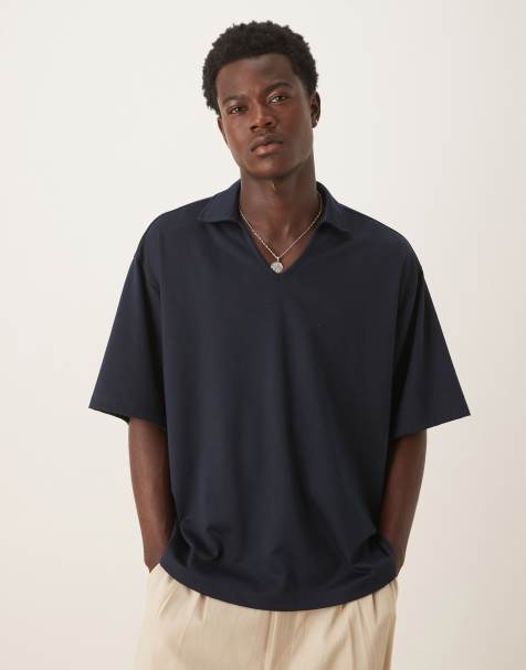 ASOS DESIGN heavyweight oversized  revere notch neck  polo in navy - view 1