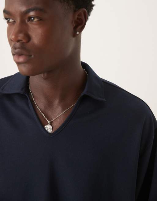 ASOS DESIGN heavyweight oversized  revere notch neck  polo in navy, 5 of 5
