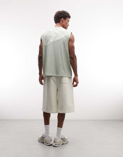 ASOS DESIGN heavyweight oversized ribbed tank with text graphic in sage - part of a set, 2 of 5
