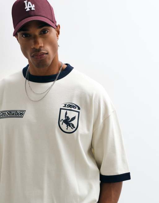 ASOS DESIGN heavyweight oversized ringer t-shirt with football graphics in cream, 2 of 5
