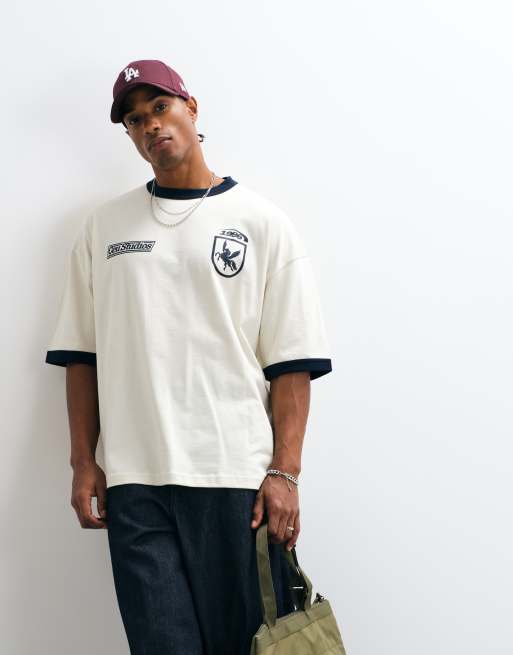 ASOS DESIGN heavyweight oversized ringer t-shirt with football graphics in cream, 4 of 5