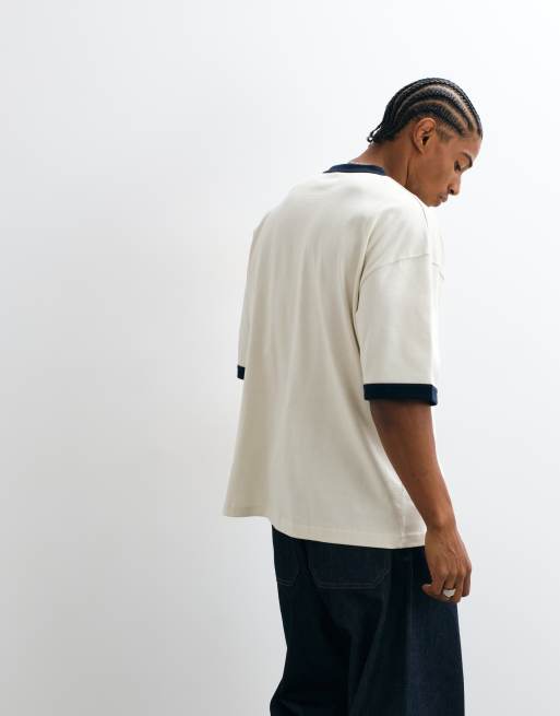 ASOS DESIGN heavyweight oversized ringer t-shirt with soccer graphics in cream, 3 of 5