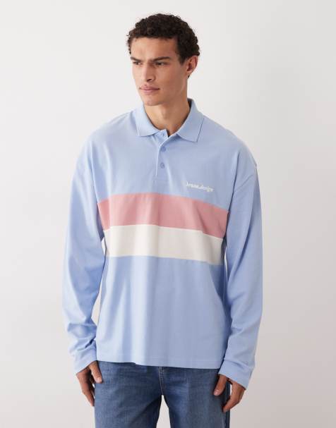 ASOS DESIGN heavyweight oversized stripe long sleeve polo in light blue texture - view 1