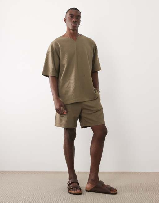 ASOS DESIGN heavyweight oversized t-shirt co-ord in khaki seersucker fabric, 3 of 5