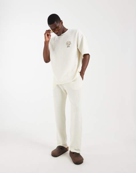 ASOS DESIGN heavyweight oversized t-shirt co-ord with chest embroidery in cream textured fabric