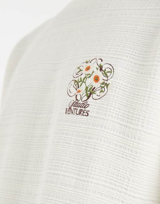 ASOS DESIGN heavyweight oversized t-shirt co-ord with chest embroidery in cream textured fabric, 3 of 5