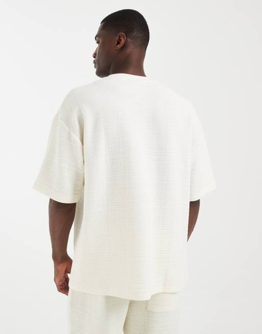 ASOS DESIGN heavyweight oversized t-shirt co-ord with chest embroidery in cream textured fabric, 4 of 5