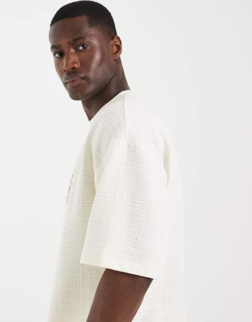 ASOS DESIGN heavyweight oversized t-shirt co-ord with chest embroidery in cream textured fabric, 5 of 5