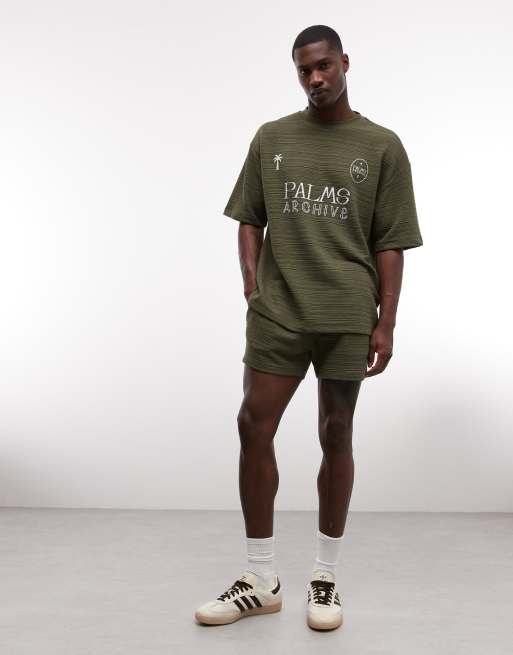 ASOS DESIGN heavyweight oversized t-shirt co-ord with football graphic in olive textured fabric  , 2 of 5