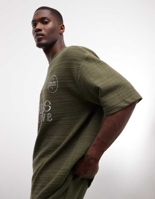 ASOS DESIGN heavyweight oversized t-shirt co-ord with football graphic in olive textured fabric  , 4 of 5