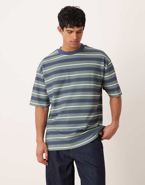 ASOS DESIGN heavyweight oversized t-shirt in blue and brown stripe - view 1