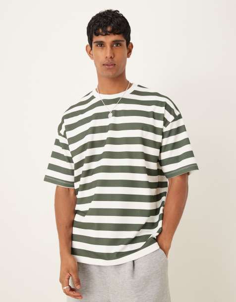 ASOS DESIGN heavyweight oversized t-shirt in green and white chunky stripe - view 1