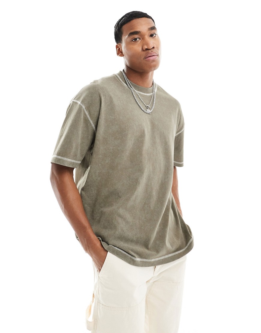 ASOS DESIGN heavyweight oversized t-shirt in khaki wash with contrast stitch-Green