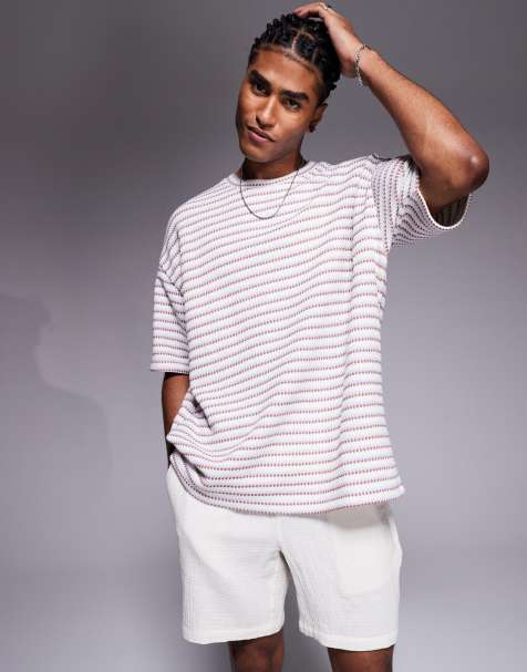 ASOS DESIGN heavyweight oversized t-shirt in  pink and white textured stripe - view 1