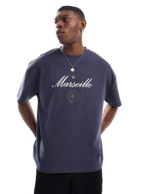 ASOS DESIGN heavyweight oversized t-shirt in waffle texture with city graphic in charcoal-Grey