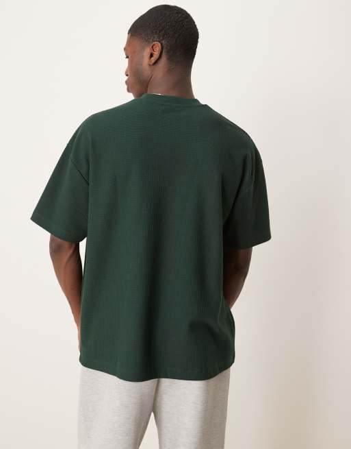 ASOS DESIGN heavyweight oversized T-shirt in waffle texture with city graphic in dark green