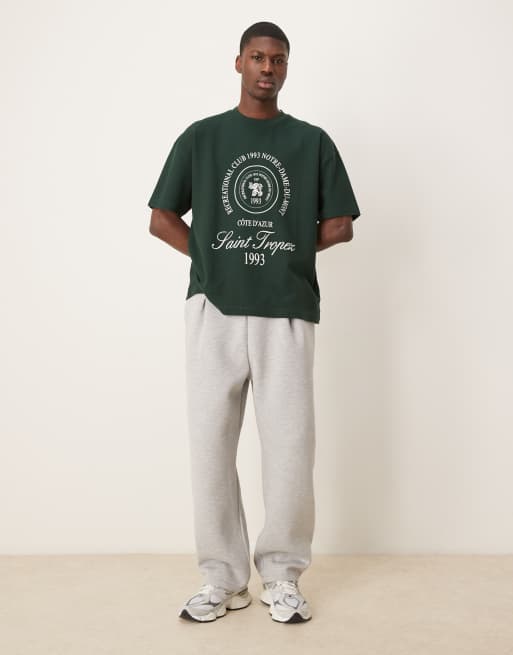 ASOS DESIGN heavyweight oversized T-shirt in waffle texture with city graphic in dark green