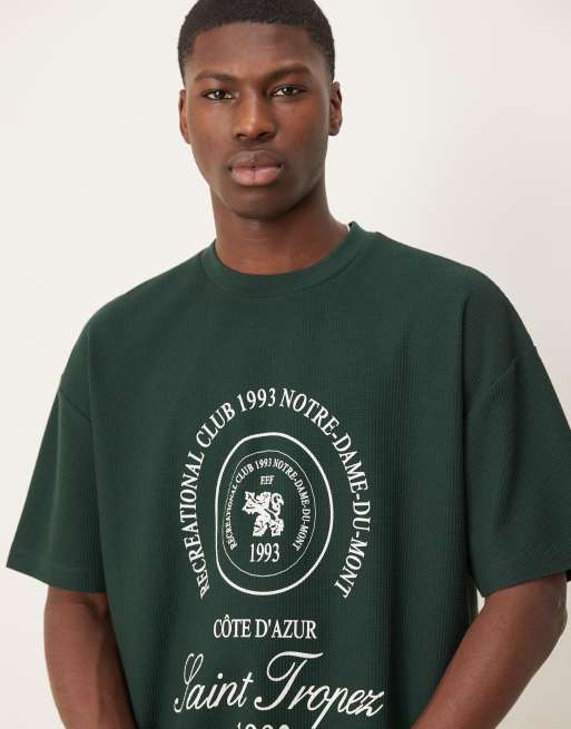 ASOS DESIGN heavyweight oversized T-shirt in waffle texture with city graphic in dark green